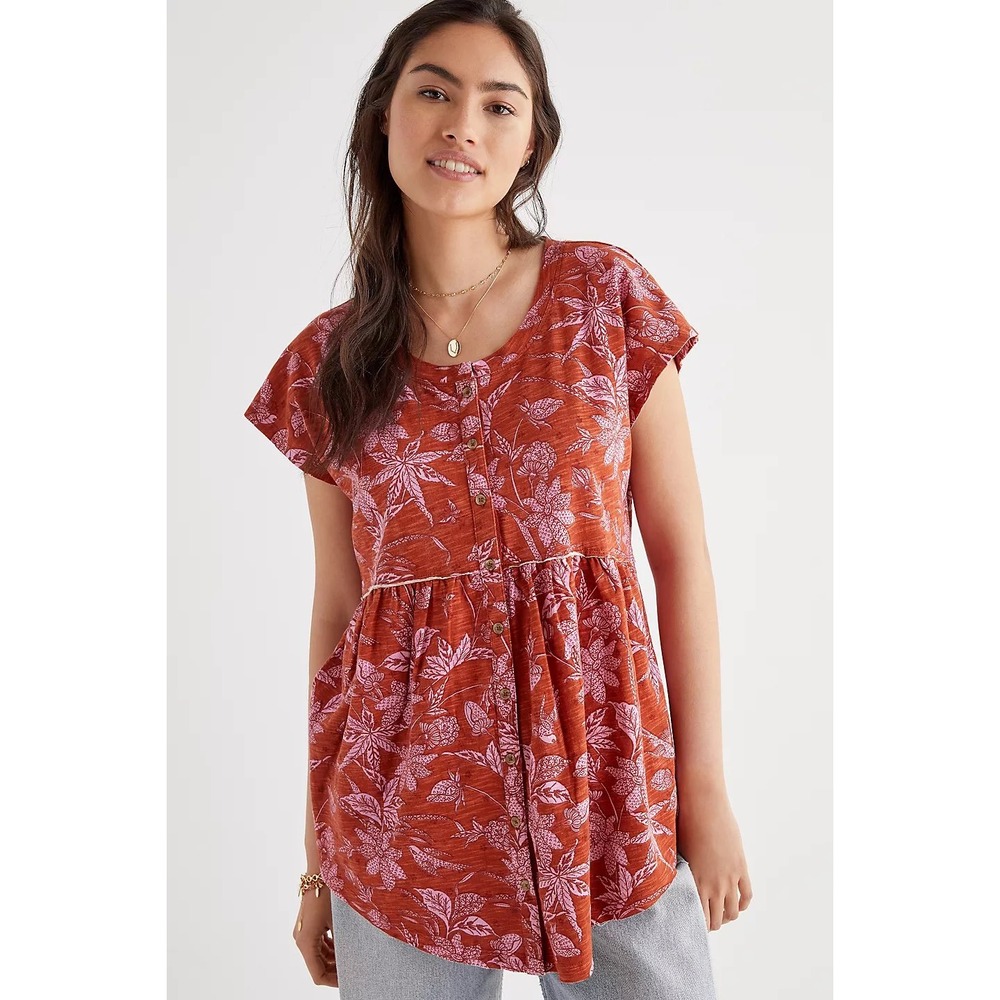Anthropologie Washed Babydoll Top Floral Rust Orange Blouse Button Front S
